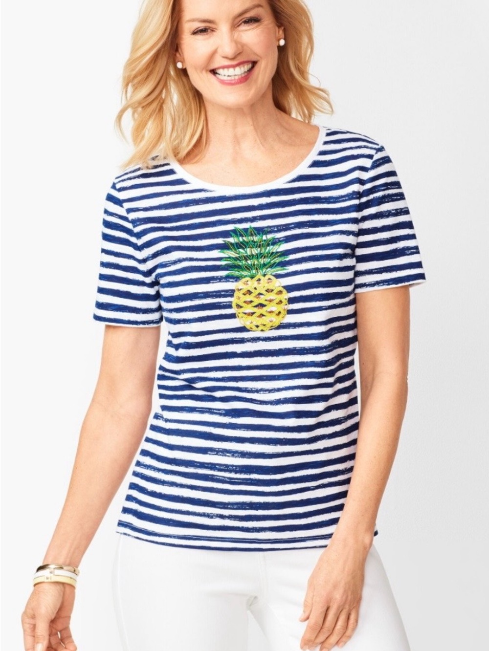 Talbots Navy & White Striped Tee with Pineapple Motif
